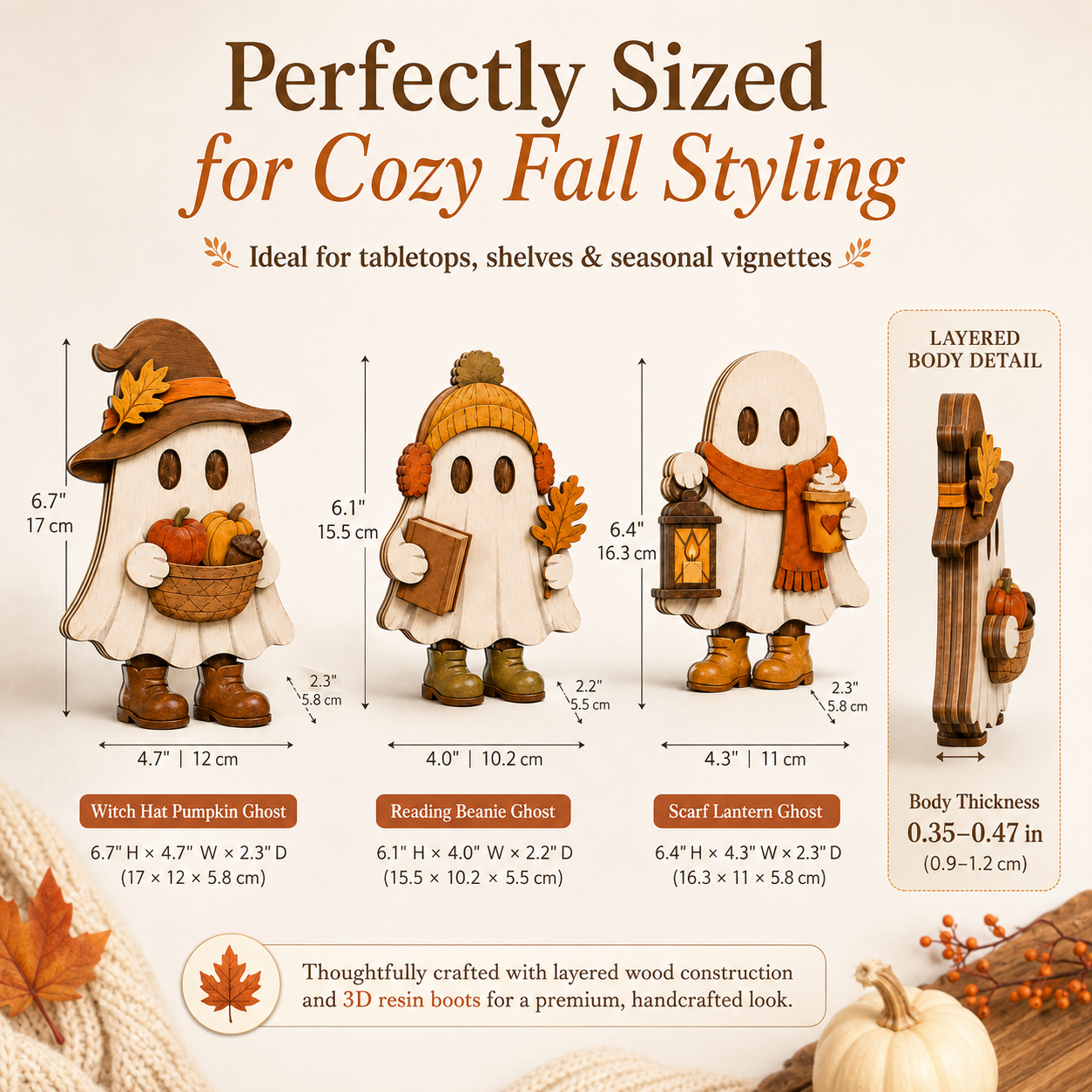Harvest Hugs Ghost Trio – Wooden Fall Tabletop Decor, Set of 3