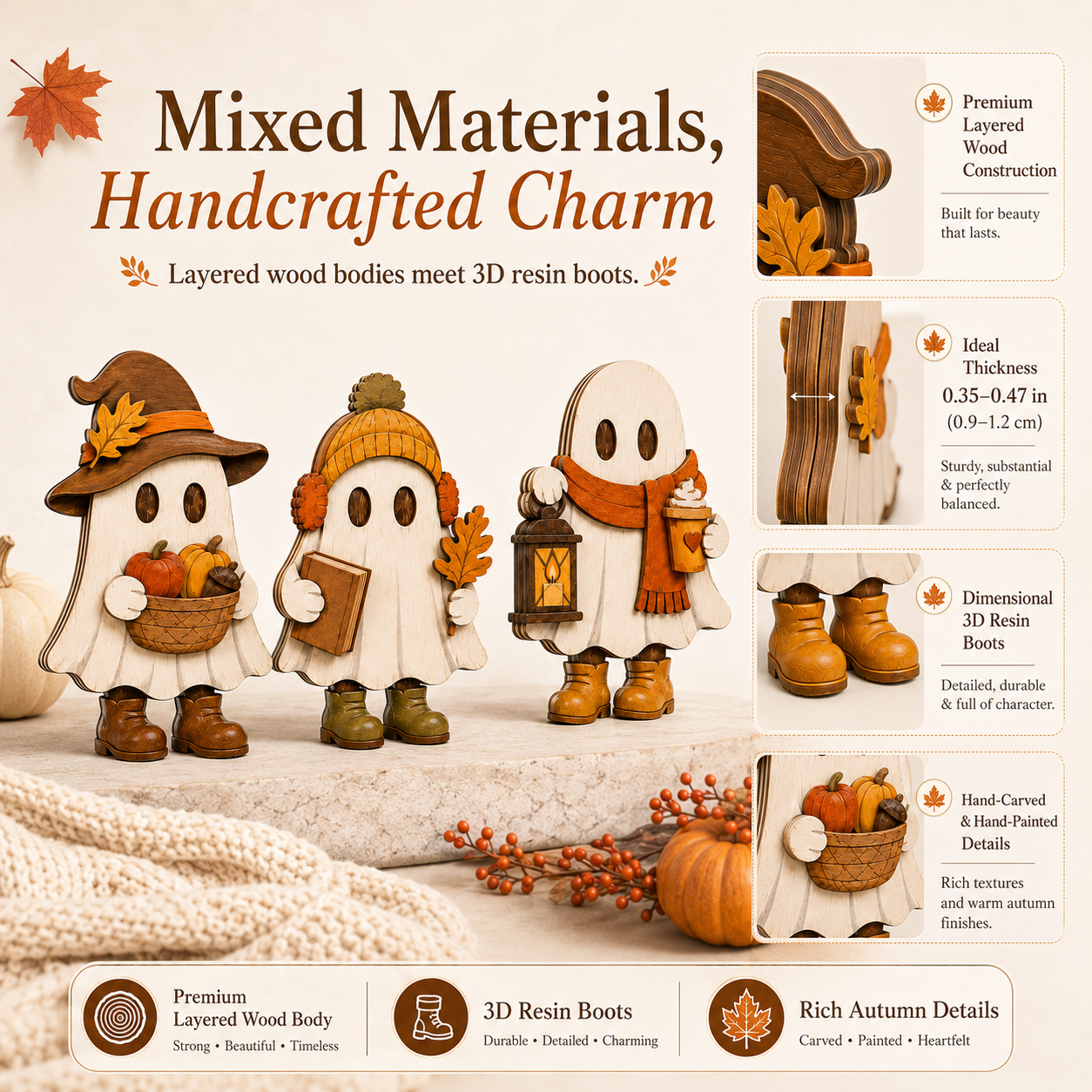 Harvest Hugs Ghost Trio – Wooden Fall Tabletop Decor, Set of 3