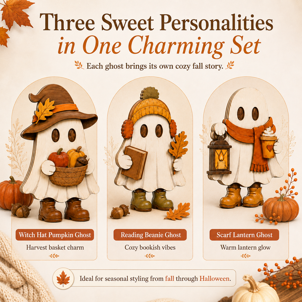 Harvest Hugs Ghost Trio – Wooden Fall Tabletop Decor, Set of 3