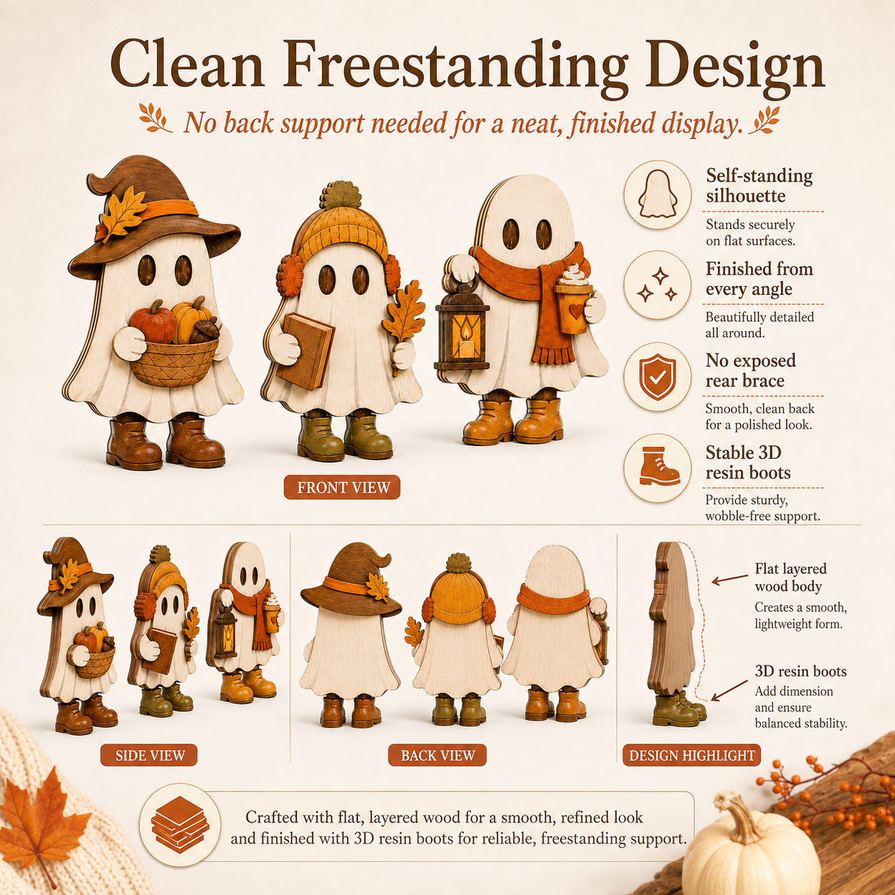 Harvest Hugs Ghost Trio – Wooden Fall Tabletop Decor, Set of 3