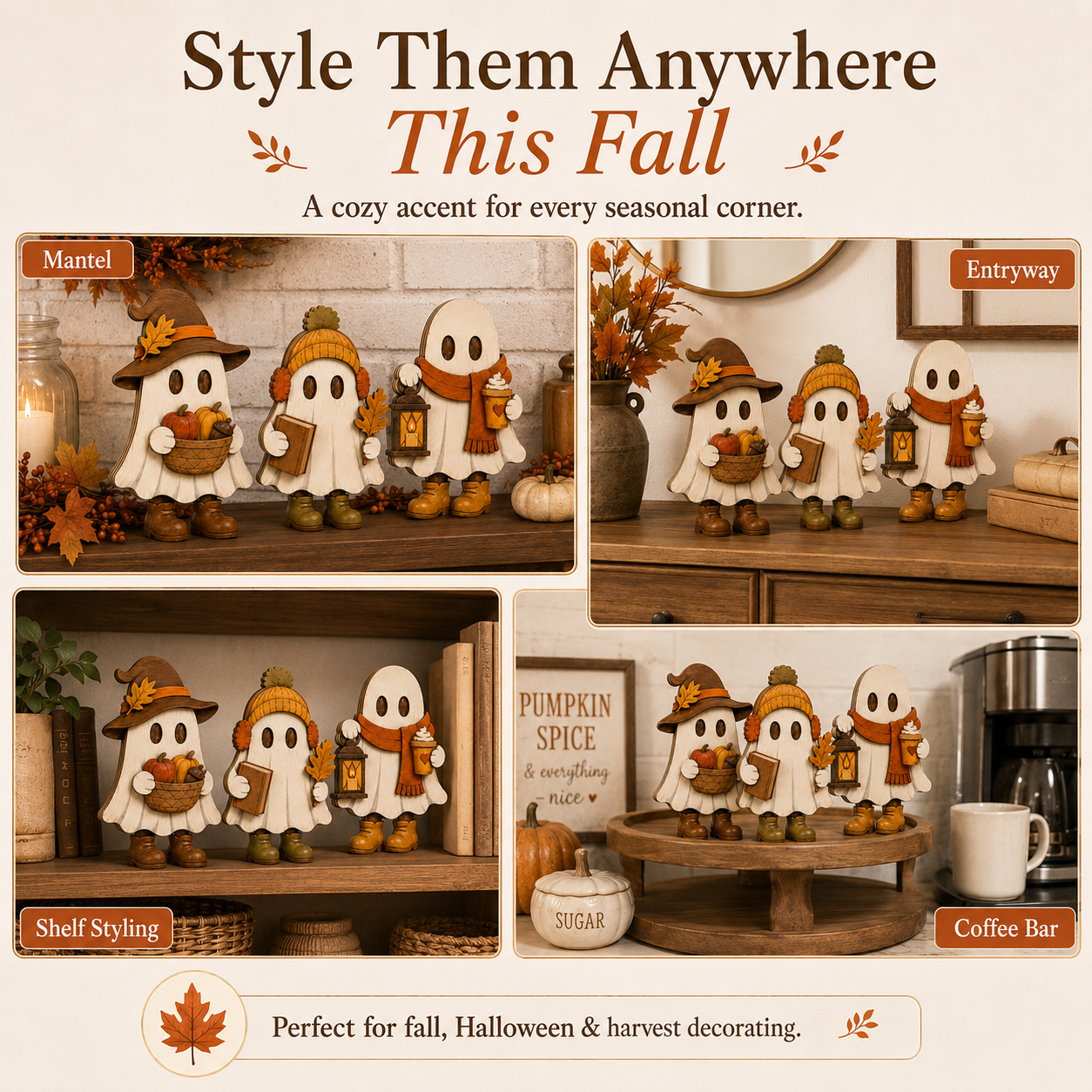 Harvest Hugs Ghost Trio – Wooden Fall Tabletop Decor, Set of 3