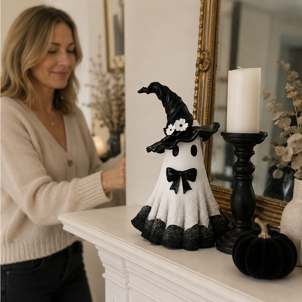 Midnight Bloom Witch Ghost Figurine – Black & White Gothic Halloween Tabletop Decor