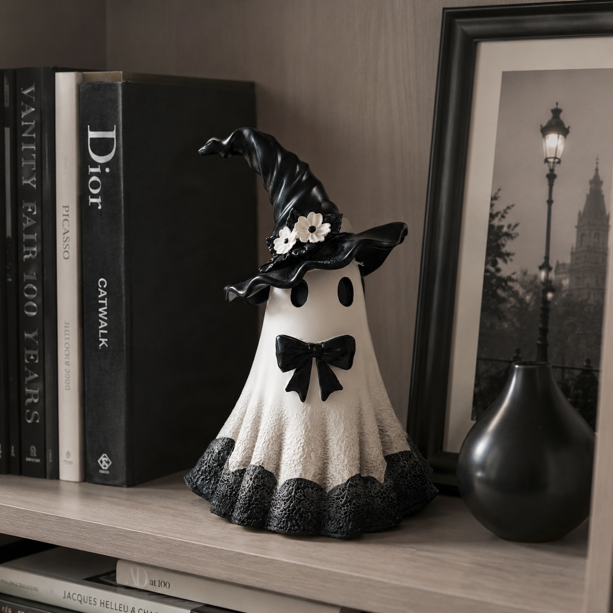Midnight Bloom Witch Ghost Figurine – Black & White Gothic Halloween Tabletop Decor