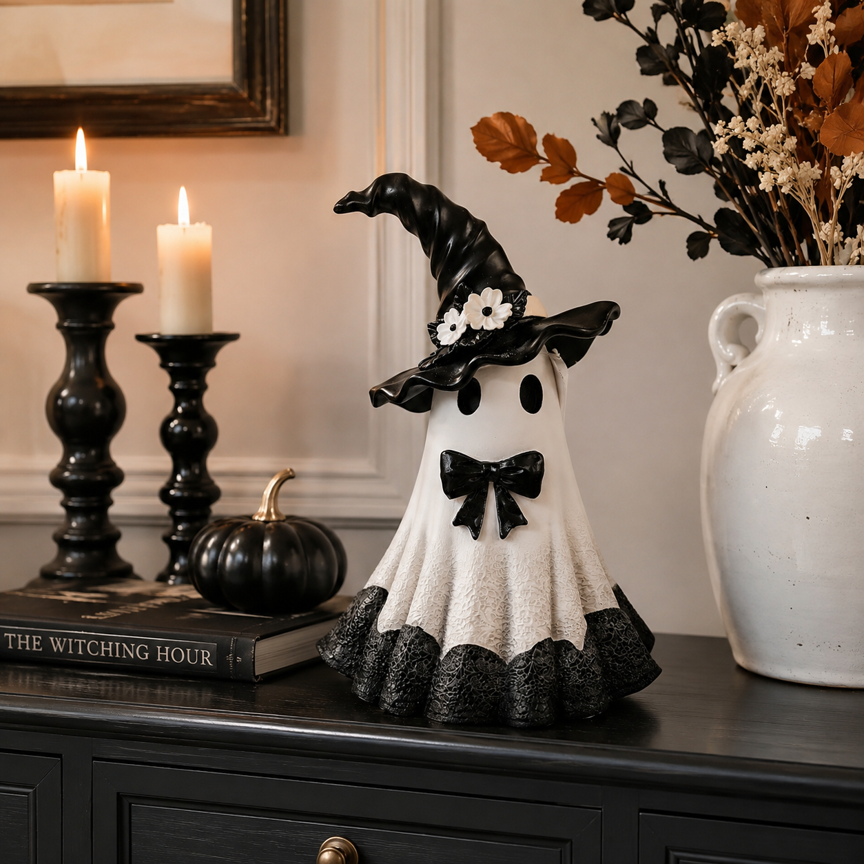 Midnight Bloom Witch Ghost Figurine – Black & White Gothic Halloween Tabletop Decor