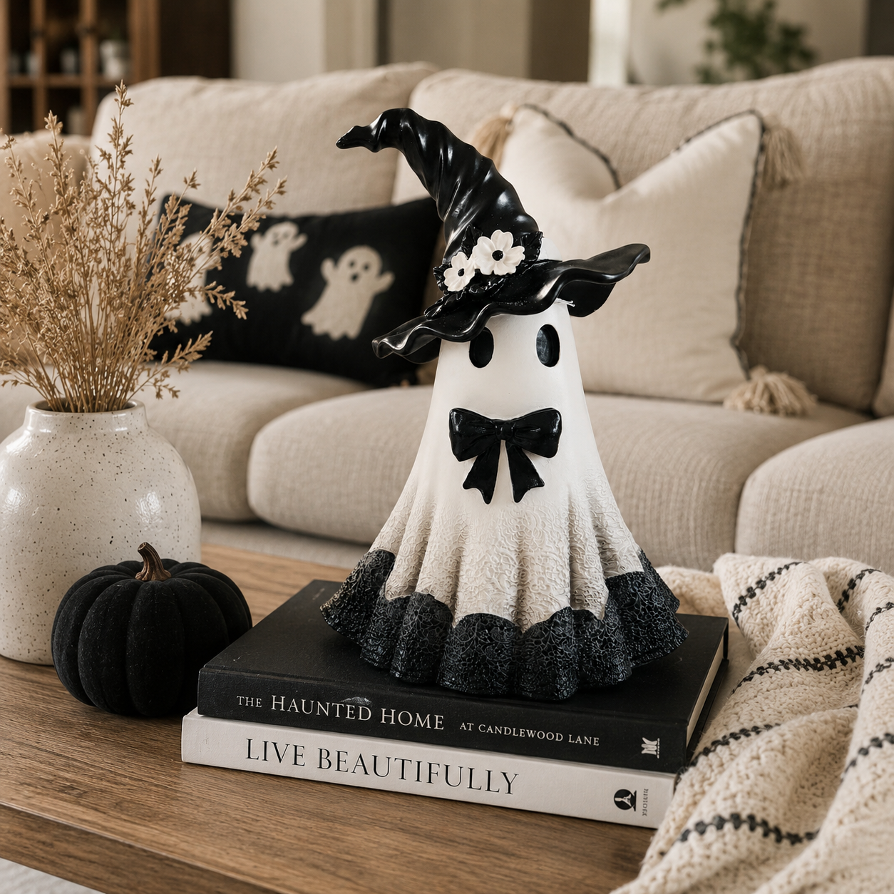 Midnight Bloom Witch Ghost Figurine – Black & White Gothic Halloween Tabletop Decor