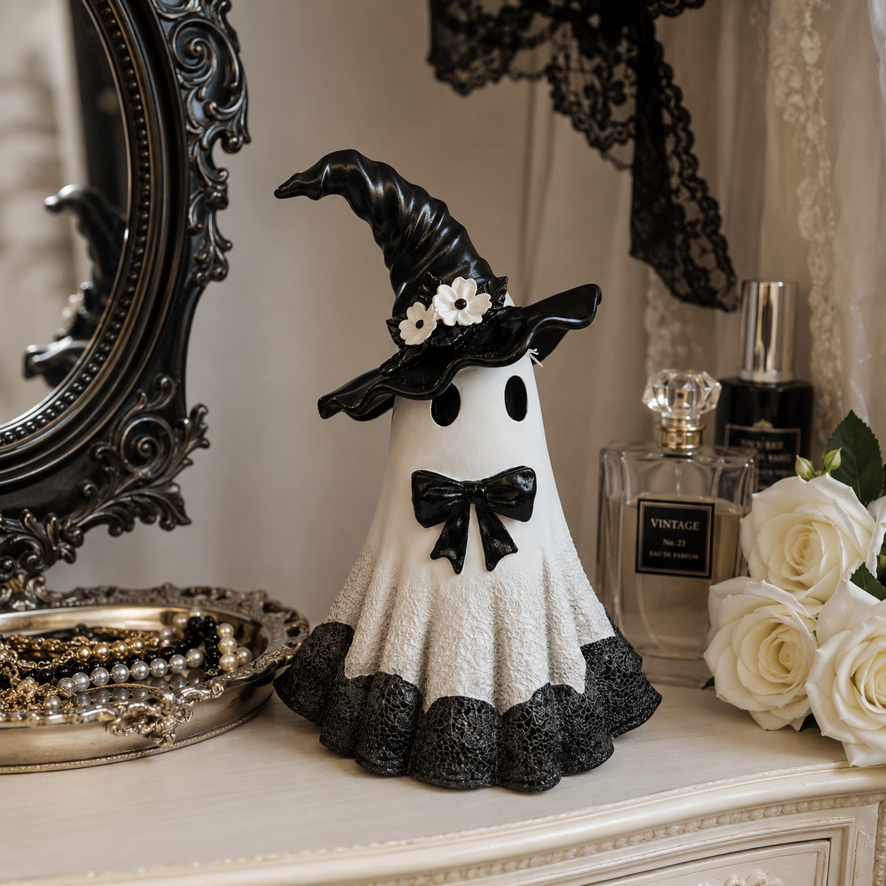 Midnight Bloom Witch Ghost Figurine – Black & White Gothic Halloween Tabletop Decor