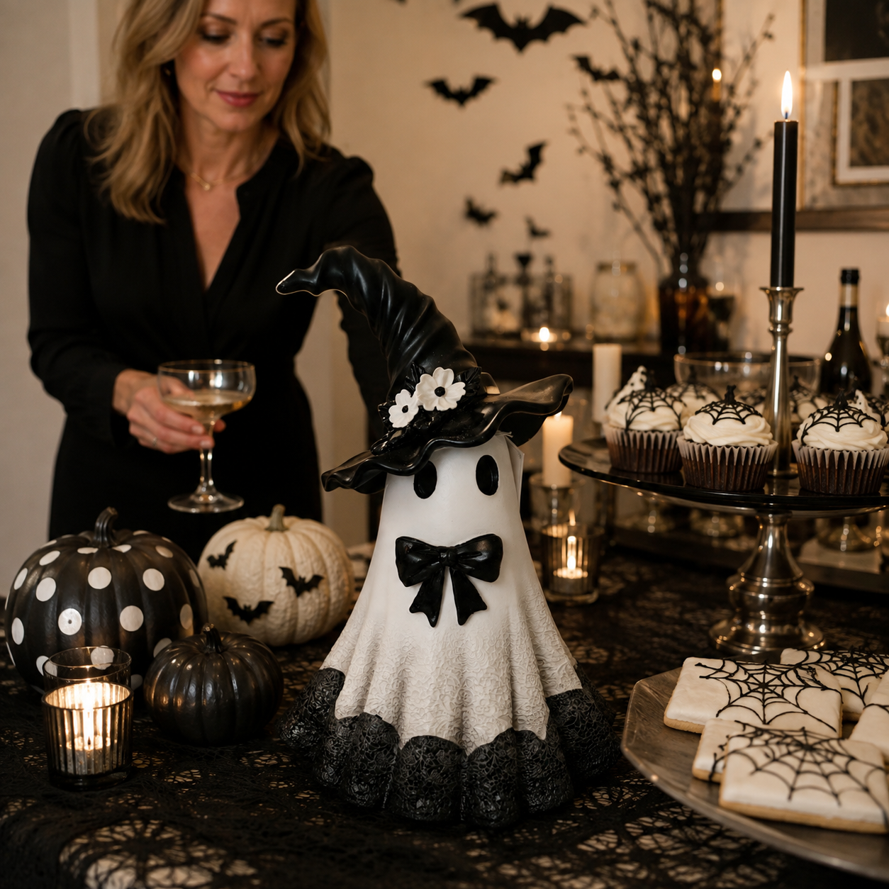 Midnight Bloom Witch Ghost Figurine – Black & White Gothic Halloween Tabletop Decor