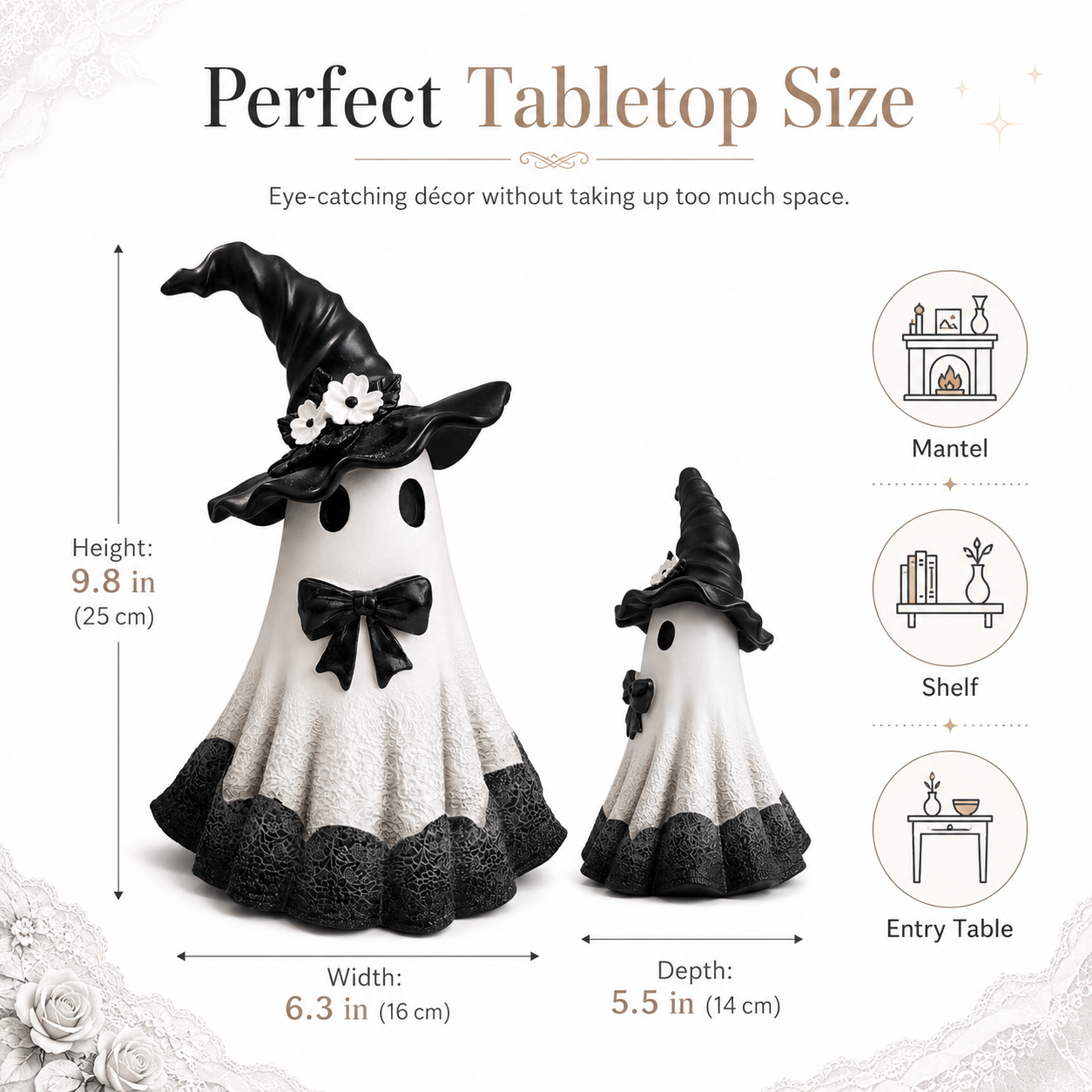 Midnight Bloom Witch Ghost Figurine – Black & White Gothic Halloween Tabletop Decor