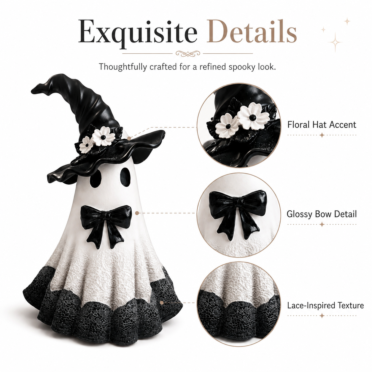 Midnight Bloom Witch Ghost Figurine – Black & White Gothic Halloween Tabletop Decor