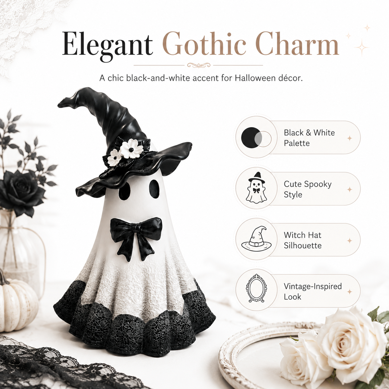 Midnight Bloom Witch Ghost Figurine – Black & White Gothic Halloween Tabletop Decor