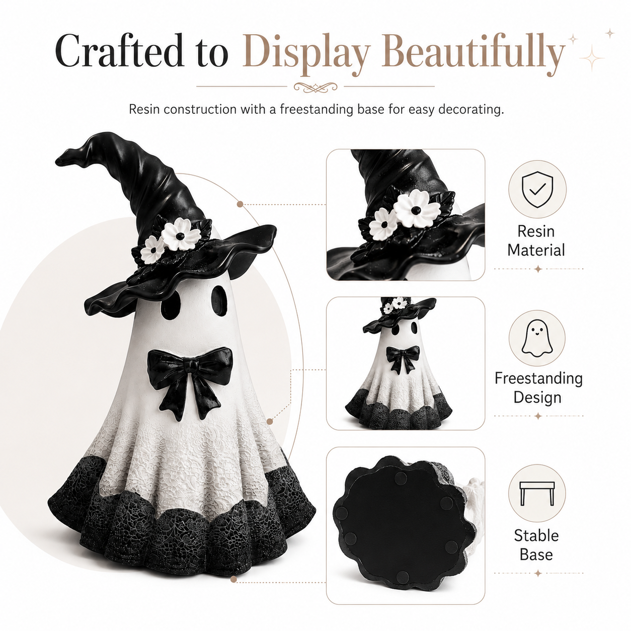 Midnight Bloom Witch Ghost Figurine – Black & White Gothic Halloween Tabletop Decor