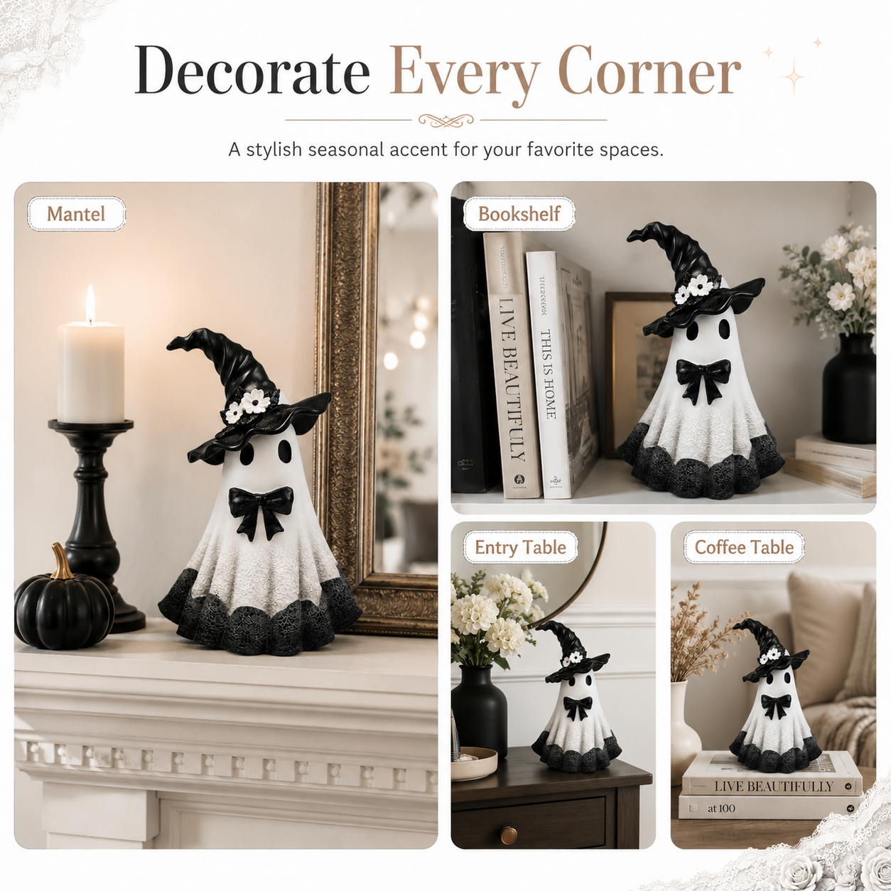 Midnight Bloom Witch Ghost Figurine – Black & White Gothic Halloween Tabletop Decor