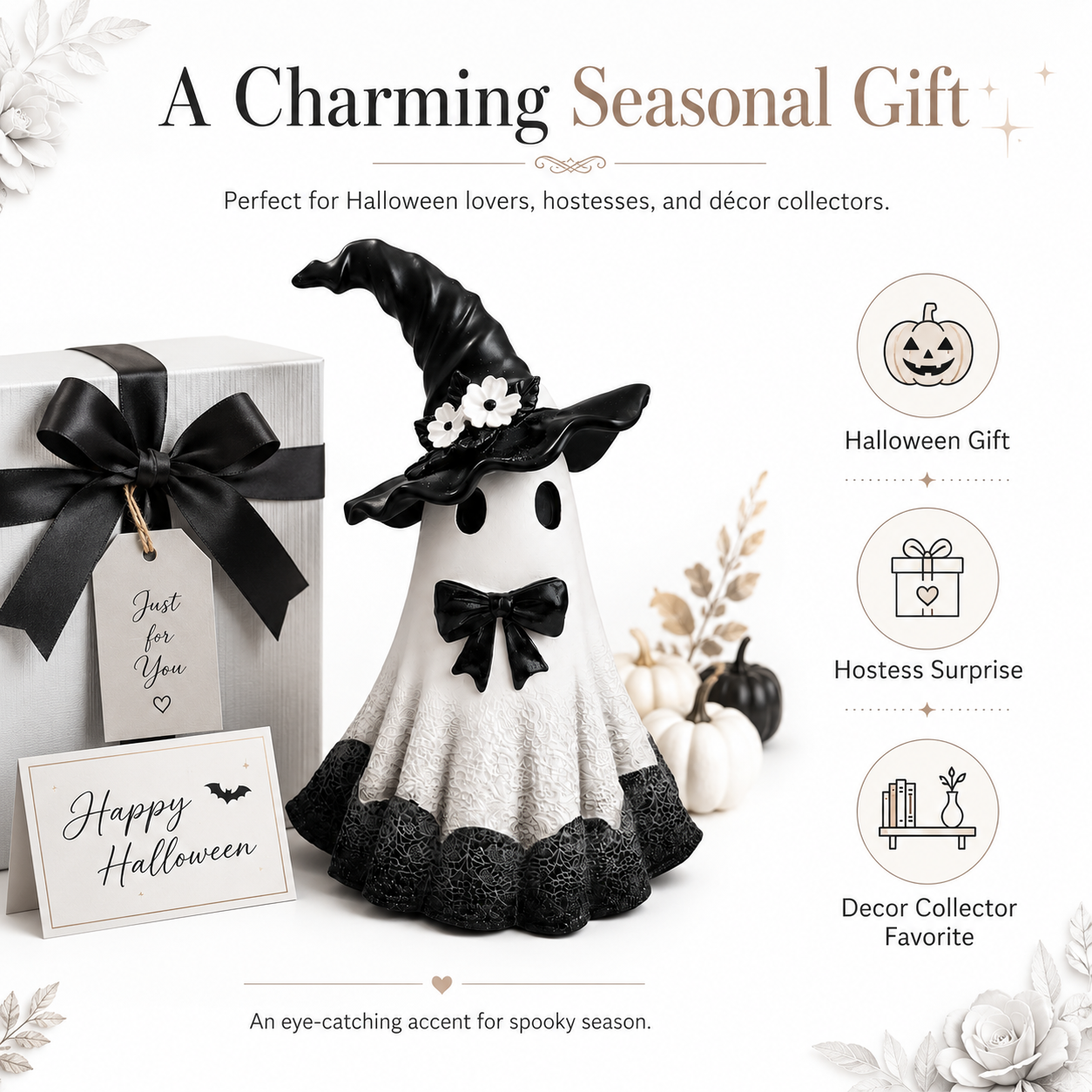 Midnight Bloom Witch Ghost Figurine – Black & White Gothic Halloween Tabletop Decor