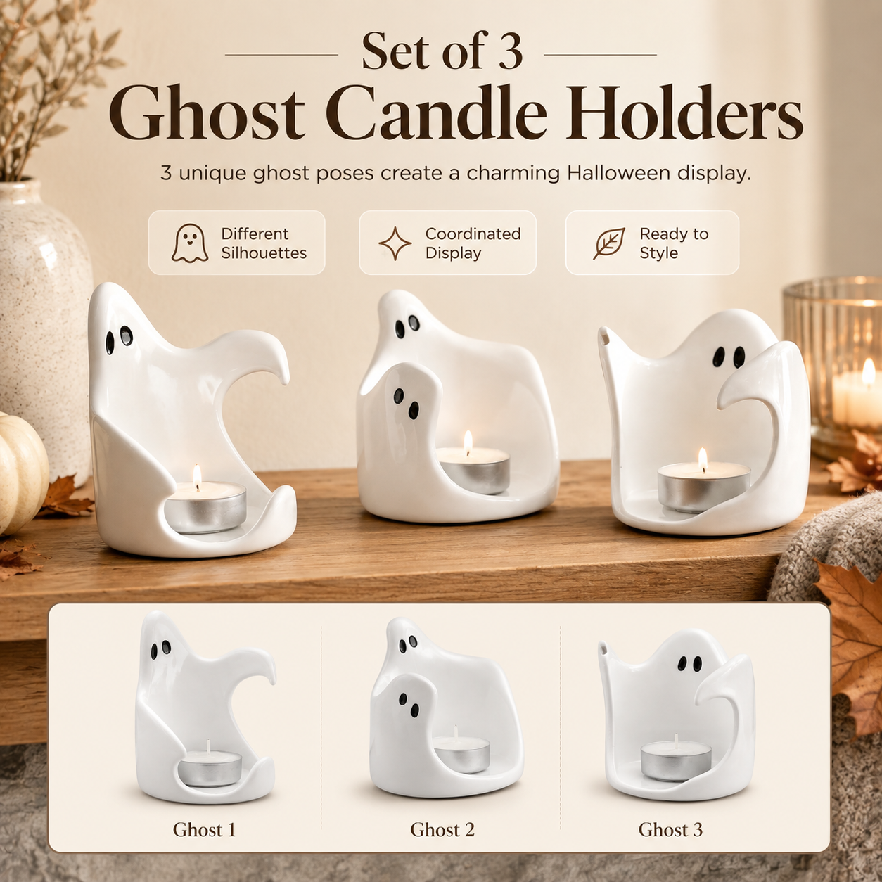 Ghost Glow Ceramic Tealight Holders – Set of 3