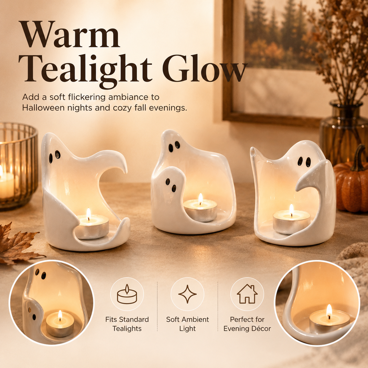 Ghost Glow Ceramic Tealight Holders – Set of 3