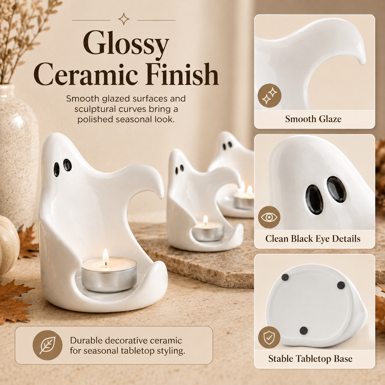Ghost Glow Ceramic Tealight Holders – Set of 3