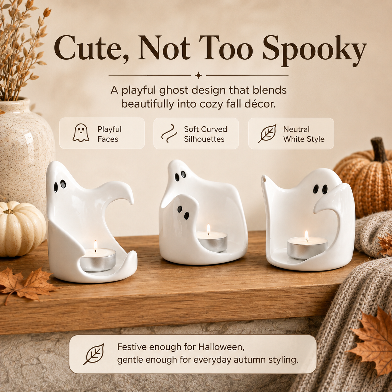 Ghost Glow Ceramic Tealight Holders – Set of 3