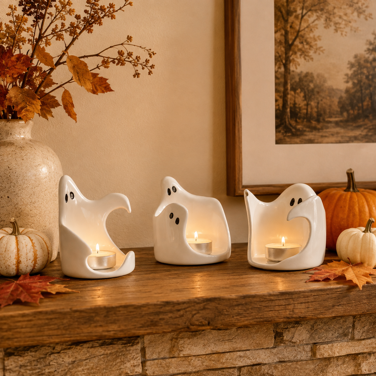 Ghost Glow Ceramic Tealight Holders – Set of 3
