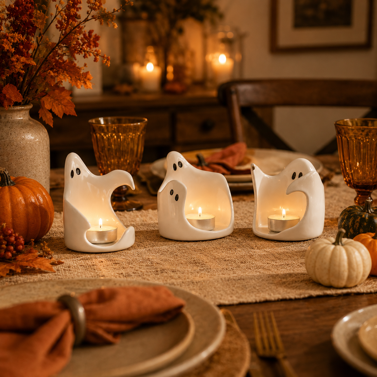 Ghost Glow Ceramic Tealight Holders – Set of 3