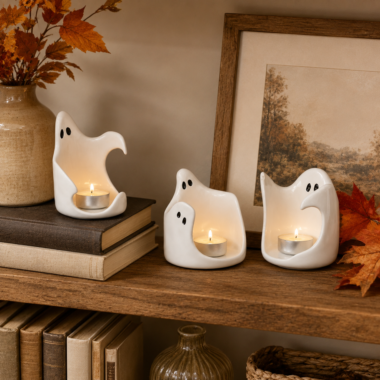 Ghost Glow Ceramic Tealight Holders – Set of 3