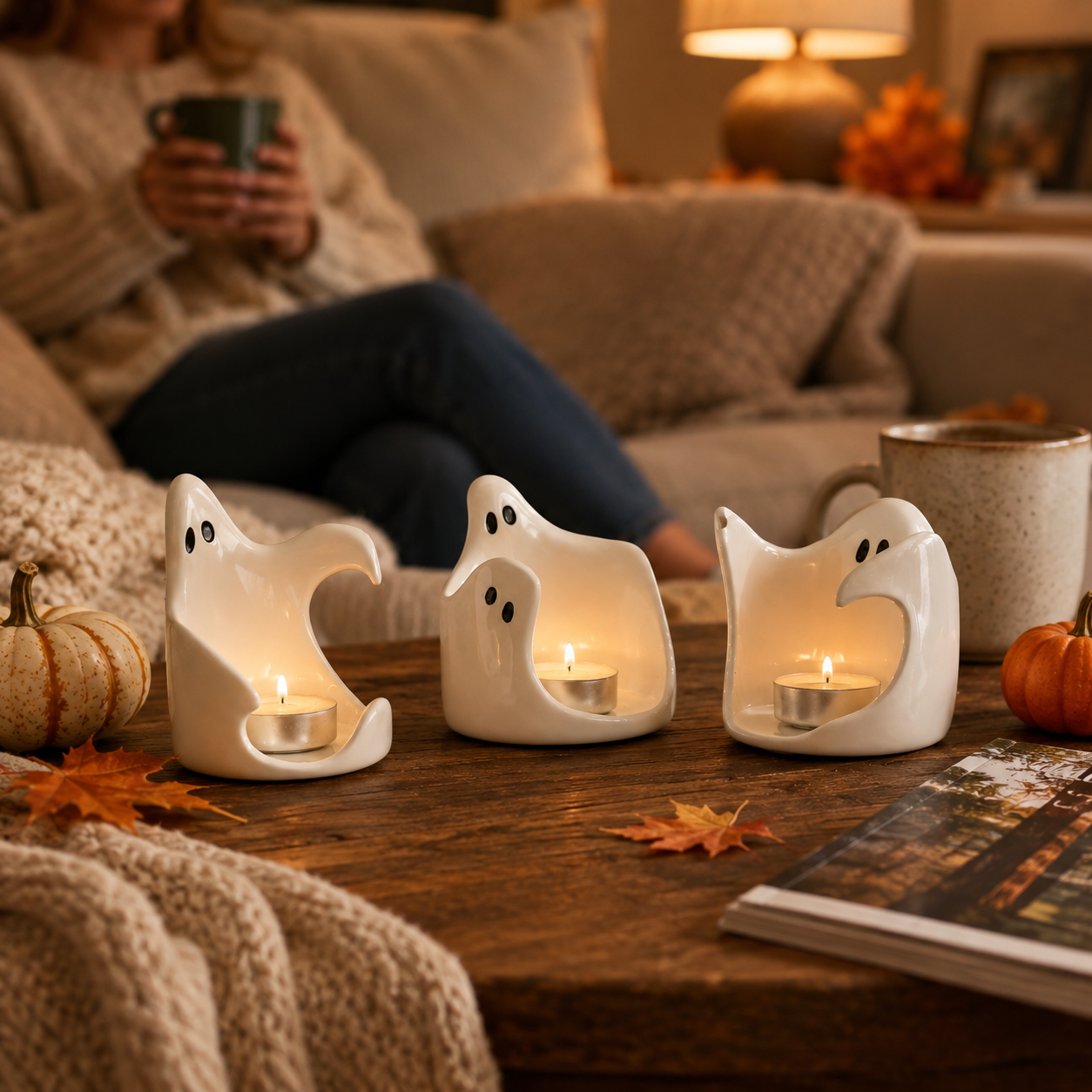 Ghost Glow Ceramic Tealight Holders – Set of 3