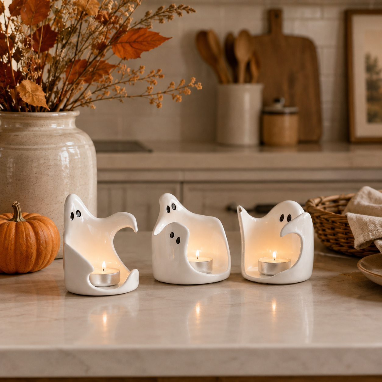 Ghost Glow Ceramic Tealight Holders – Set of 3