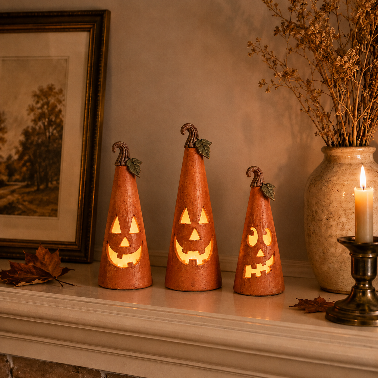 Whimsical Pumpkin Cone Lanterns – Set of 3