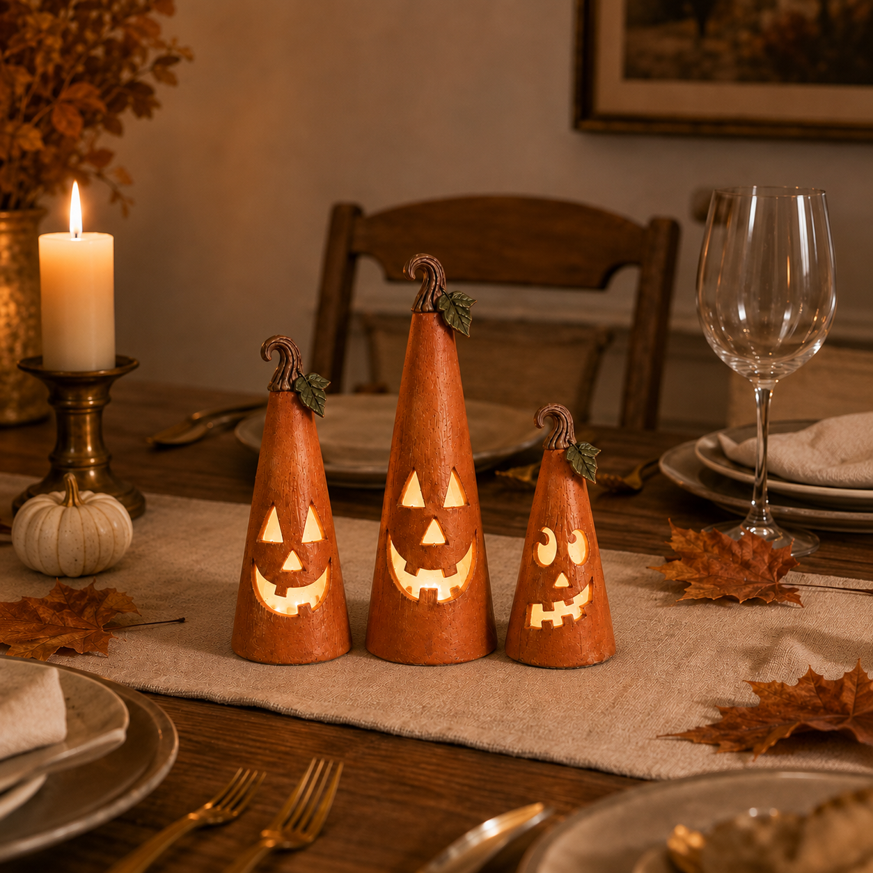 Whimsical Pumpkin Cone Lanterns – Set of 3