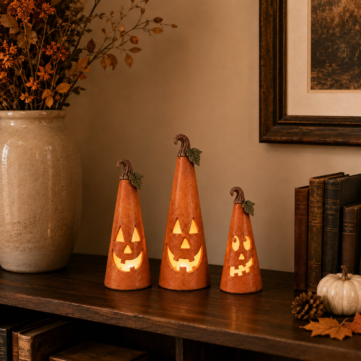 Whimsical Pumpkin Cone Lanterns – Set of 3