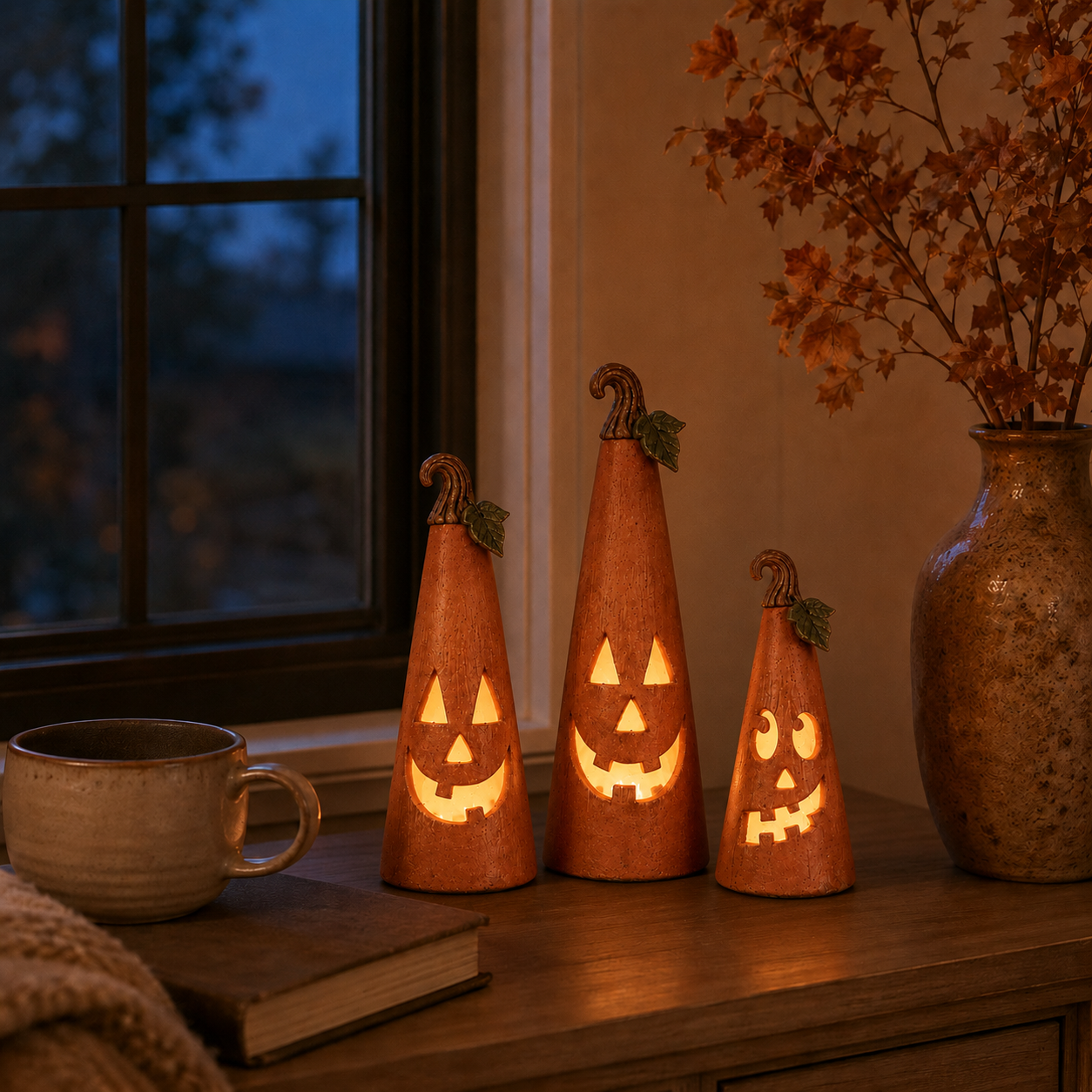 Whimsical Pumpkin Cone Lanterns – Set of 3