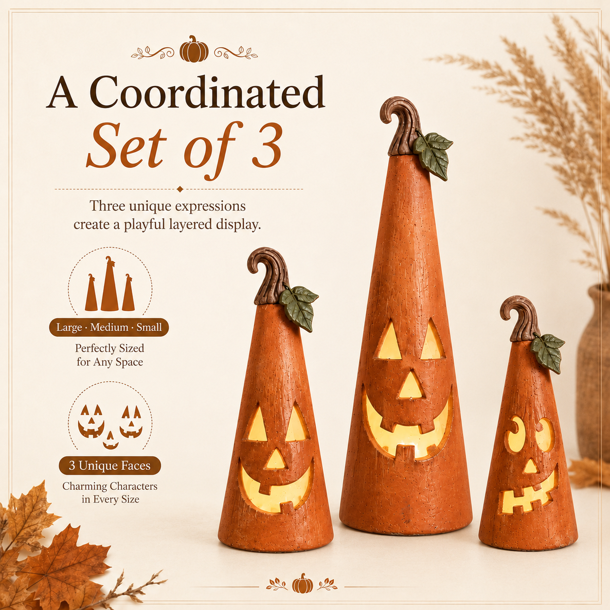 Whimsical Pumpkin Cone Lanterns – Set of 3