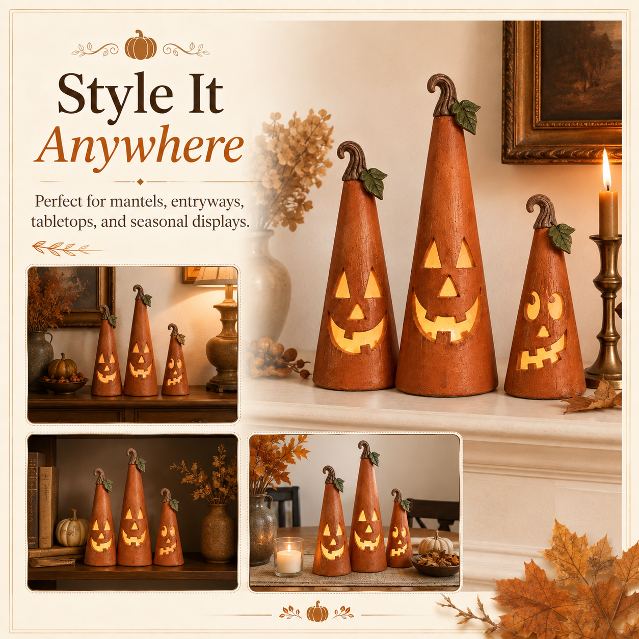 Whimsical Pumpkin Cone Lanterns – Set of 3