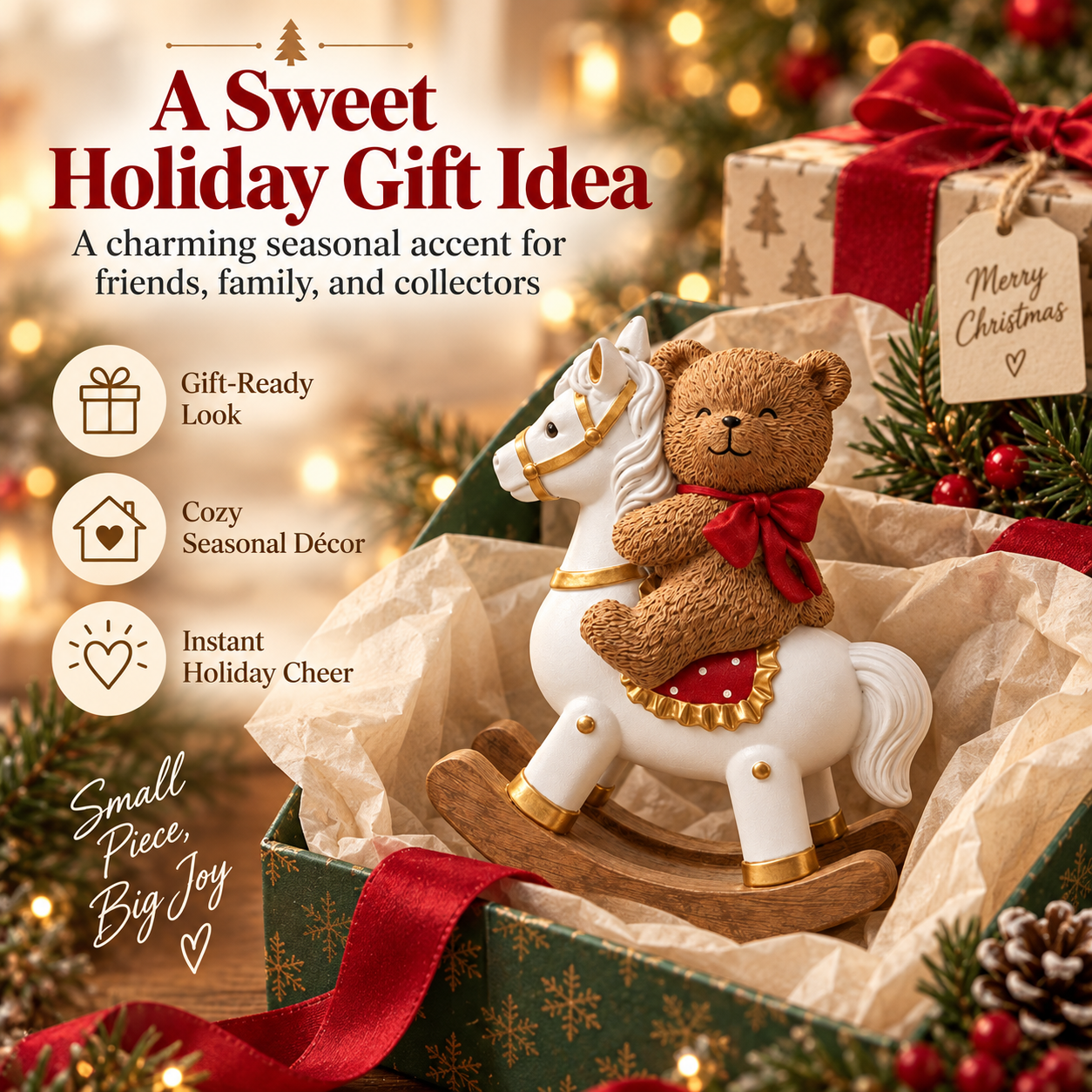 🎄 Bear on Rocking Horse Holiday Figurine