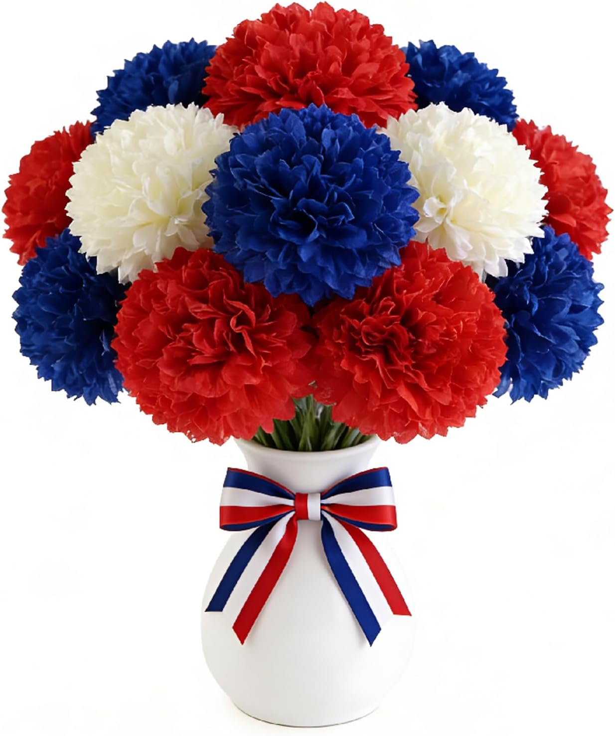 YOOHUA 12PCS Artificial Chrysanthemums Flowers Patriotic Flower, 4th of July Fake Mums Flowers Silk for Home Decor Indoor Memorial Day Table Centerpiece (12, Red, White, Blue)
