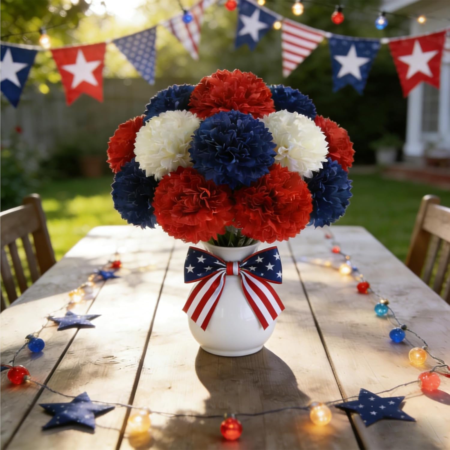 YOOHUA 12PCS Artificial Chrysanthemums Flowers Patriotic Flower, 4th of July Fake Mums Flowers Silk for Home Decor Indoor Memorial Day Table Centerpiece (12, Red, White, Blue)