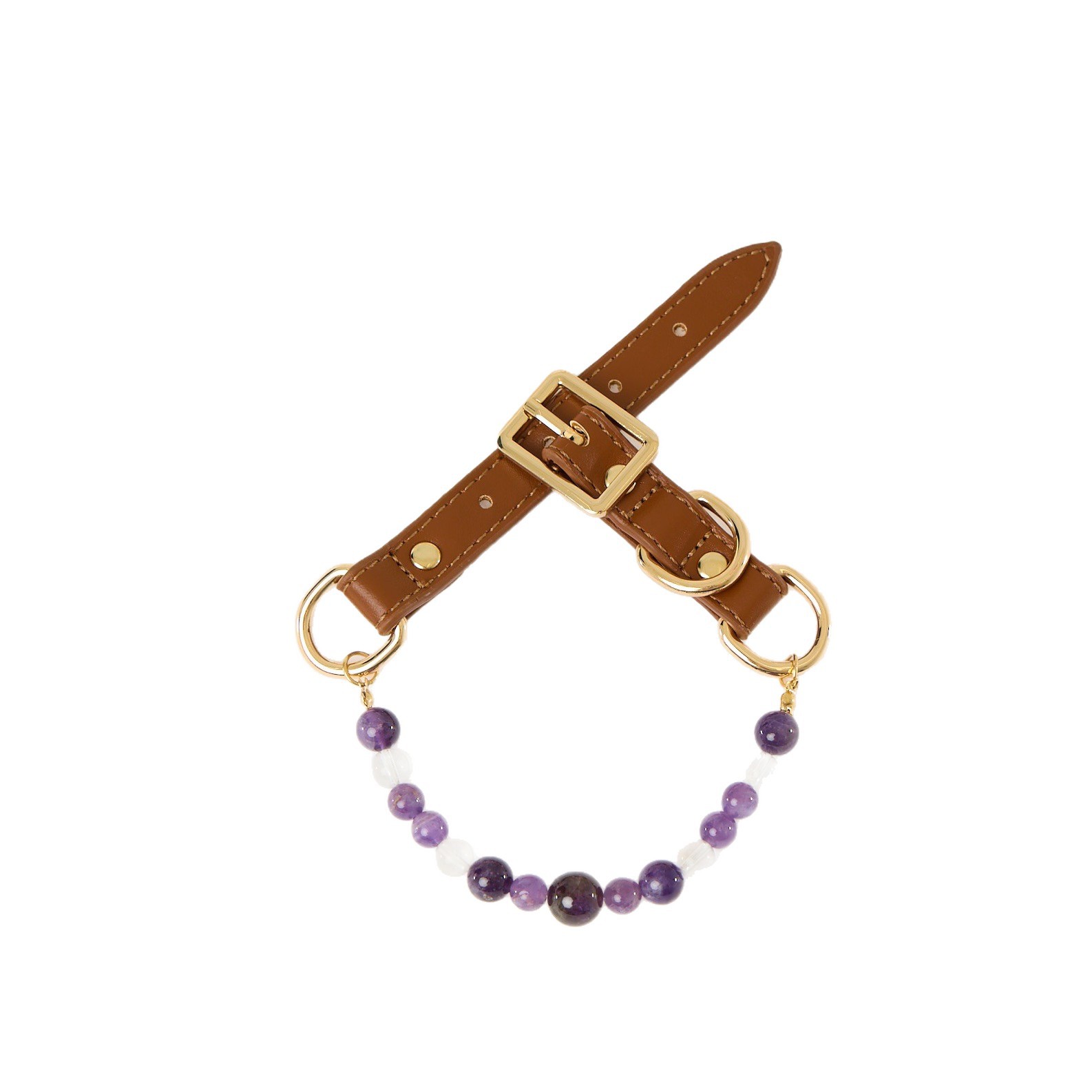 Healing-Inspired Natural Crystal Beaded Pet Necklace Collar, Adjustable Amethyst Crystal Cat & Dog Jewelry Collar with Leather-Look Strap and Gold-Tone Hardware, Decorative Pet Collar for Cats, Puppies & Small Dogs