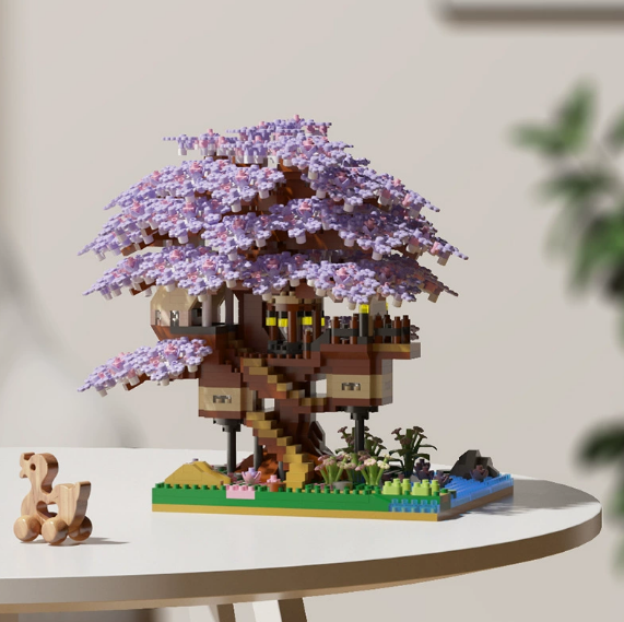 Cherry Blossom Tree House Building Block Set | Pink & Purple Sakura Tree Model | Desktop Decoration Collectible Toy