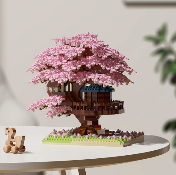 Cherry Blossom Tree House Building Block Set | Pink & Purple Sakura Tree Model | Desktop Decoration Collectible Toy