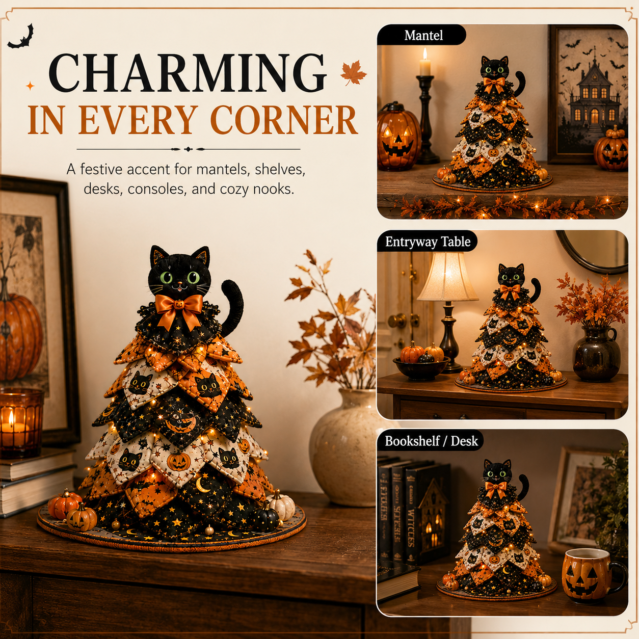 Light-Up Halloween Black Cat Fabric Tree Decoration with Remote Control 🐈‍⬛🎃✨