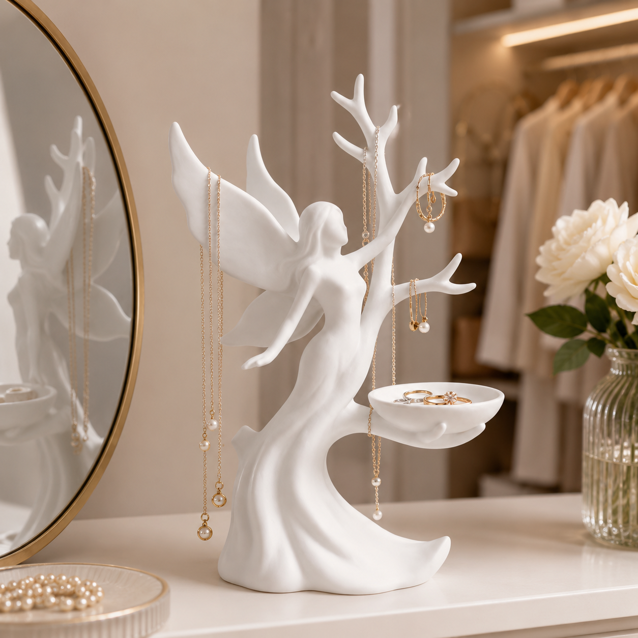 Angel Jewelry Holder Stand, Decorative Jewelry Organizer Tree with Tray for Necklaces, Rings, Earrings and Bracelets, Vanity Dresser Display for Women and Girls