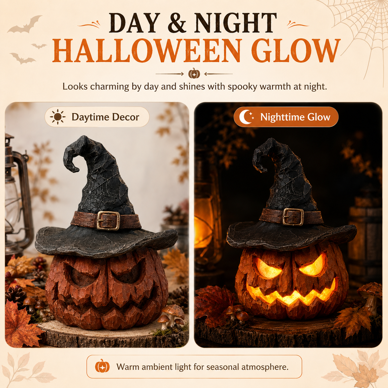 🎃 Light-Up Witch Hat Pumpkin Decoration – Remote-Controlled Halloween Resin Jack-O’-Lantern with LED Glow