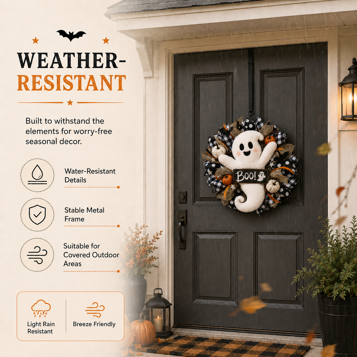 Lighted Halloween Ghost Wreath – 15.7-Inch Remote-Controlled Front Door Decoration 👻