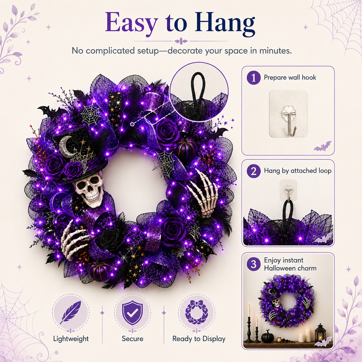 Light Up Halloween with a Spellbinding Purple Gothic Wreath 💀💜🎃✨