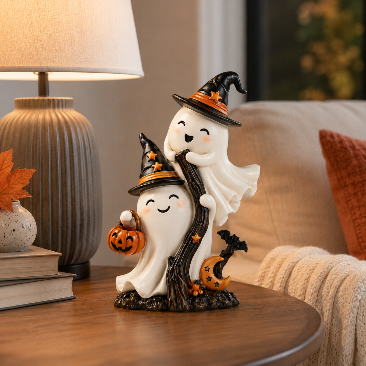 Cute Double Ghost Halloween Resin Figurine with Witch Hats and Pumpkin Bucket 🧙‍♀️✨