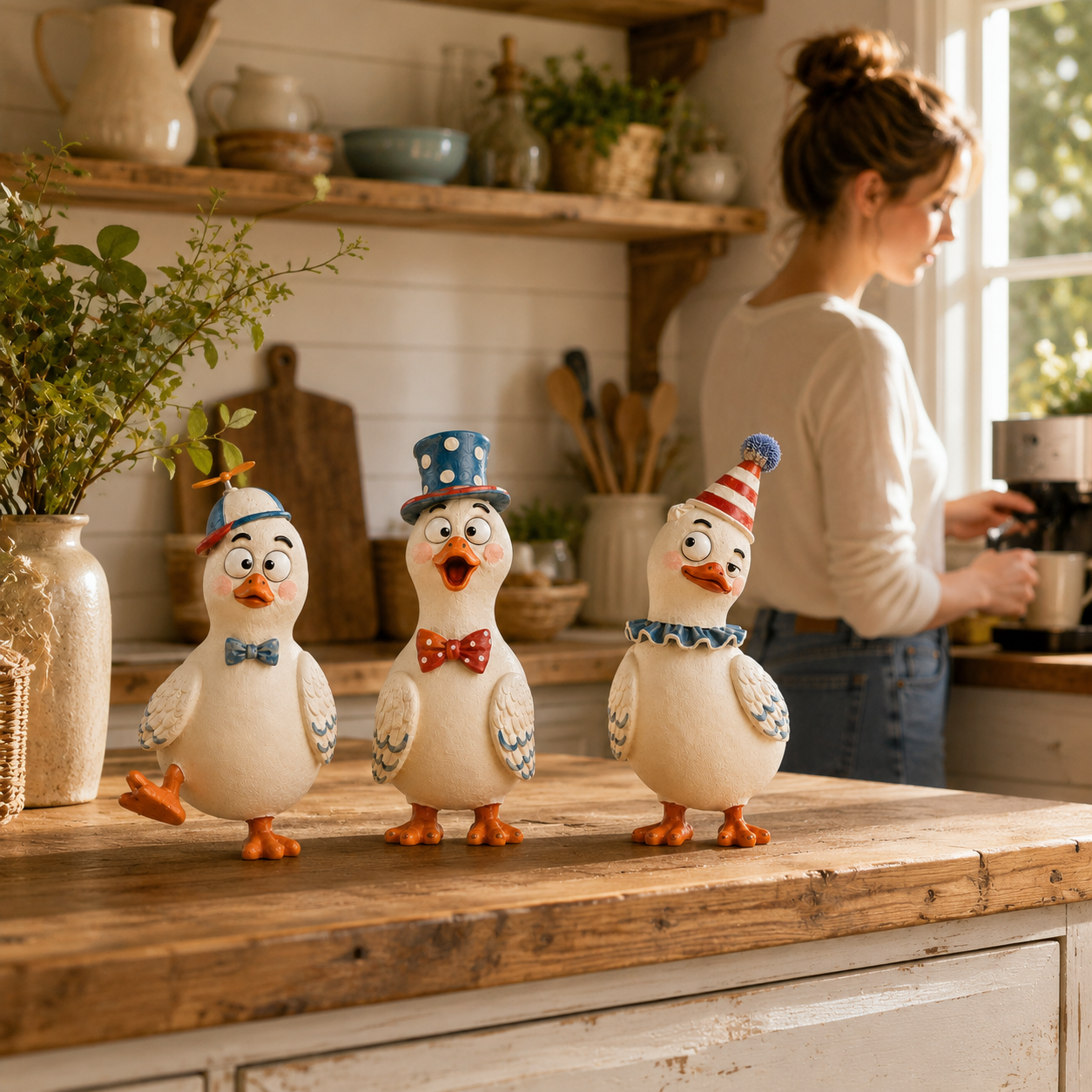 🦆 3-Piece Quirky Duck Resin Figurine Set – Funny Farmhouse Tabletop Décor