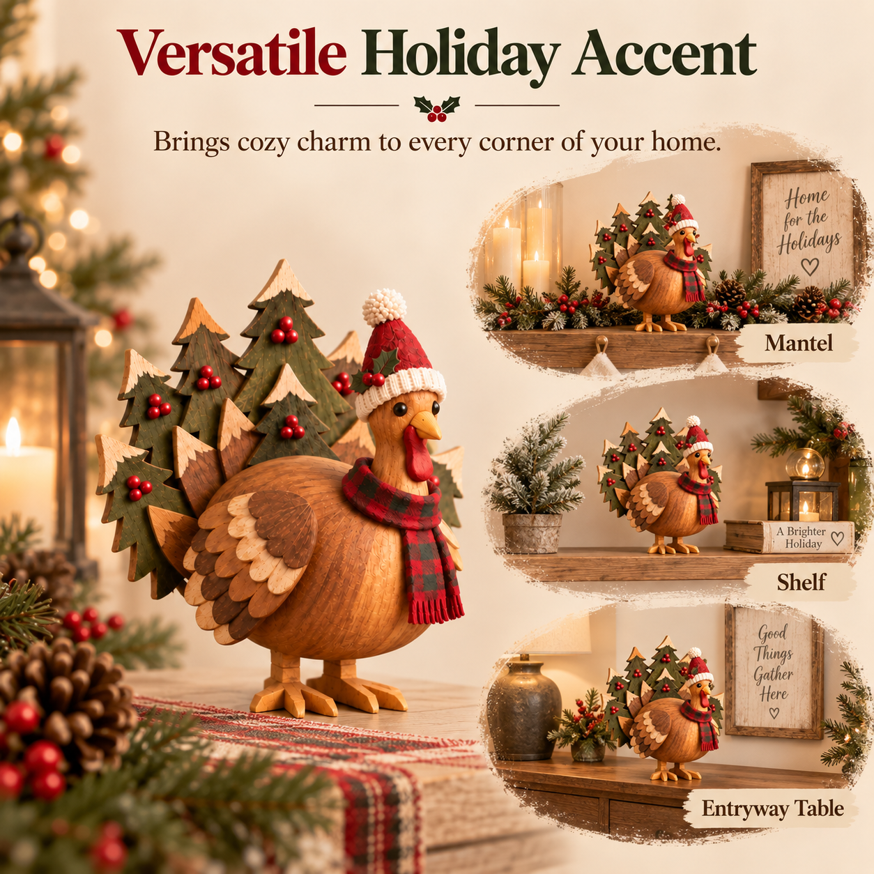 Rustic Wooden Christmas Turkey Figurine with Santa Hat🦃🎄