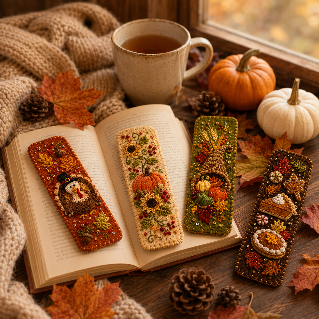 Thanksgiving Embroidered Felt Bookmarks🍁