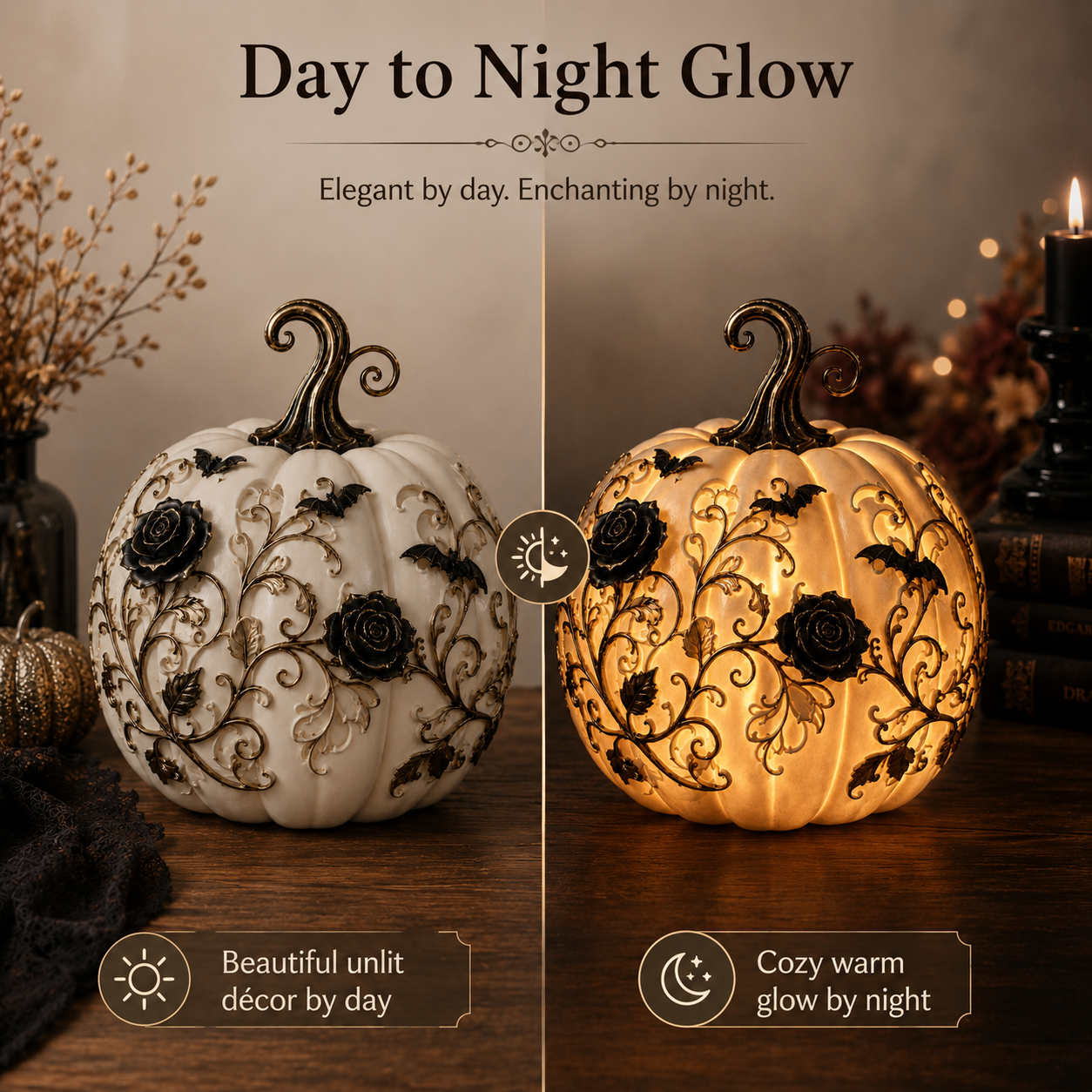 Gothic Rose Pumpkin Light – Remote-Controlled Halloween Resin Tabletop Décor 🦇