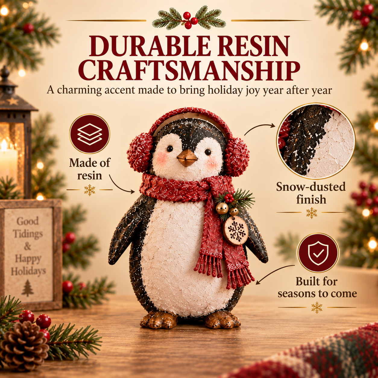 Christmas Penguin Figurine with Red Scarf & Earmuffs 