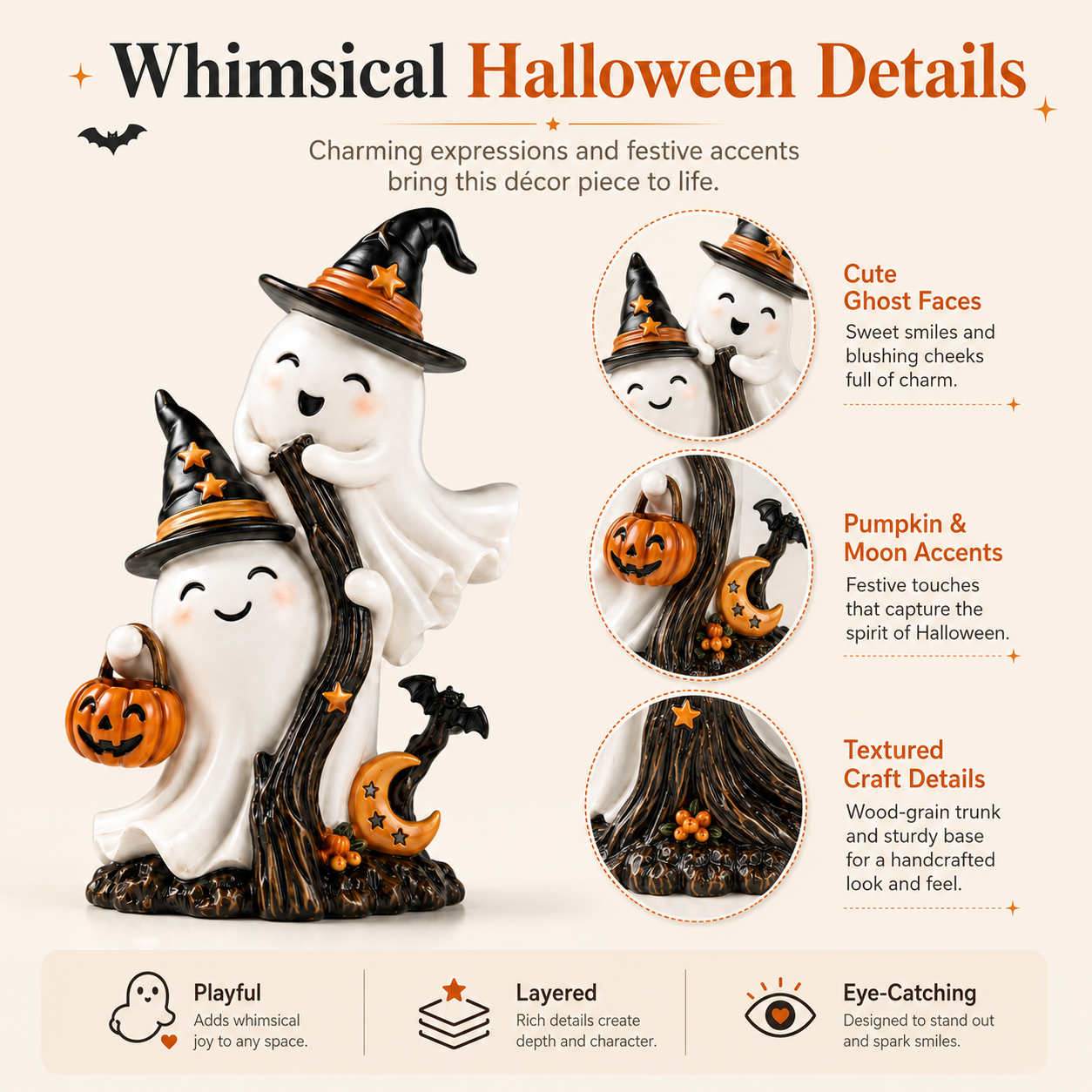 Cute Double Ghost Halloween Resin Figurine with Witch Hats and Pumpkin Bucket 🧙‍♀️✨